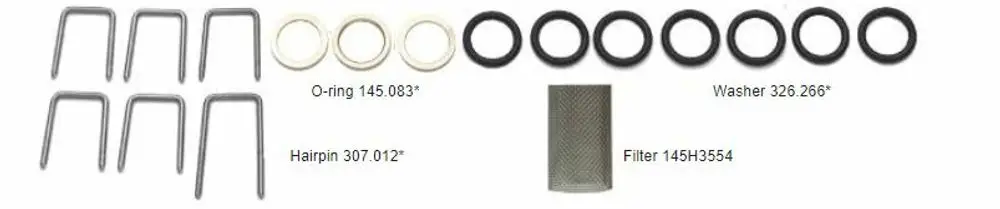Verbindungsteile-Set für Klick-Fit-Verbindungen von Danfoss, bestehend aus verschiedenen Halterungen, Dichtungen und einem Filter, angeordnet auf einem neutralen Hintergrund.